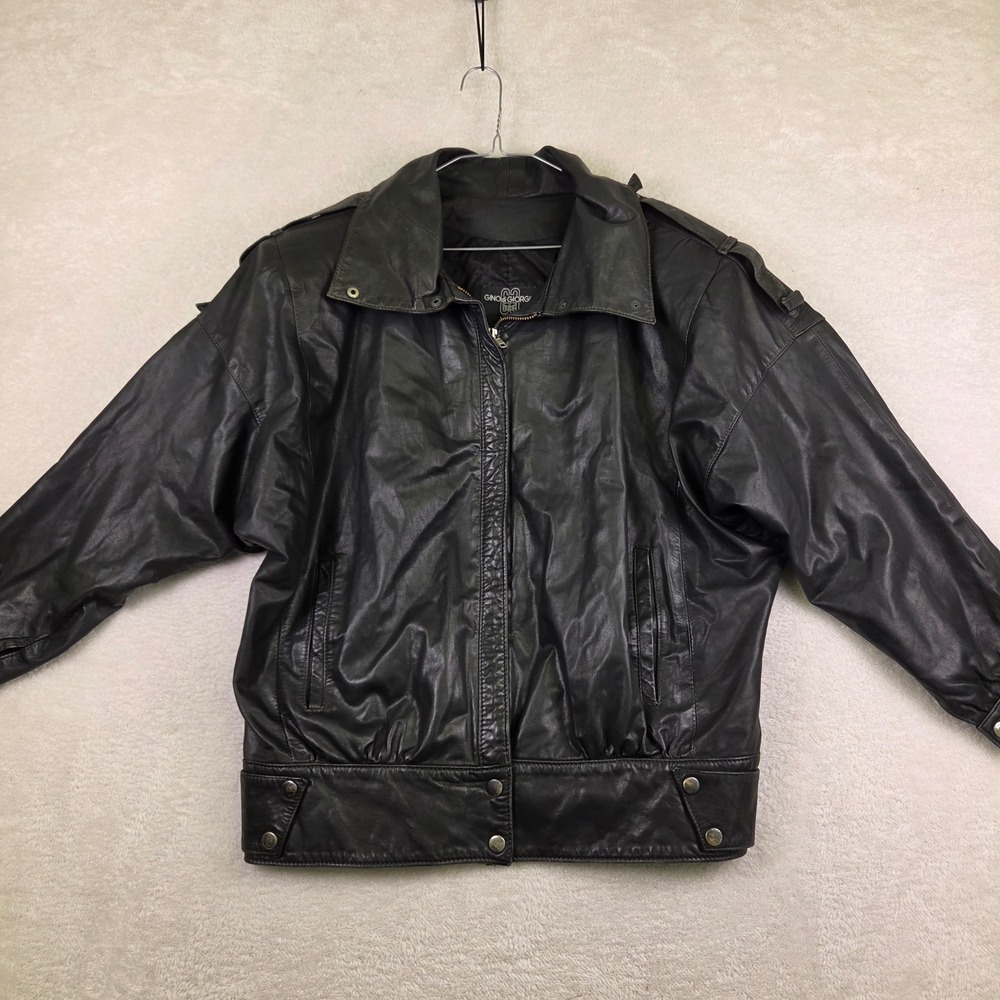 G-III Carl Banks Vintage Black Leather Bomber Jacket Mens XL Epaulets Zip Front